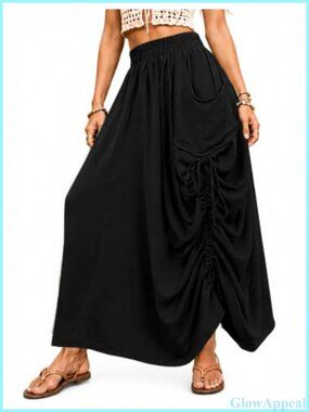 RANPHEE Womens Boho Maxi Skirt Flowy Long Skirt with Pockets Ruched Drawstring